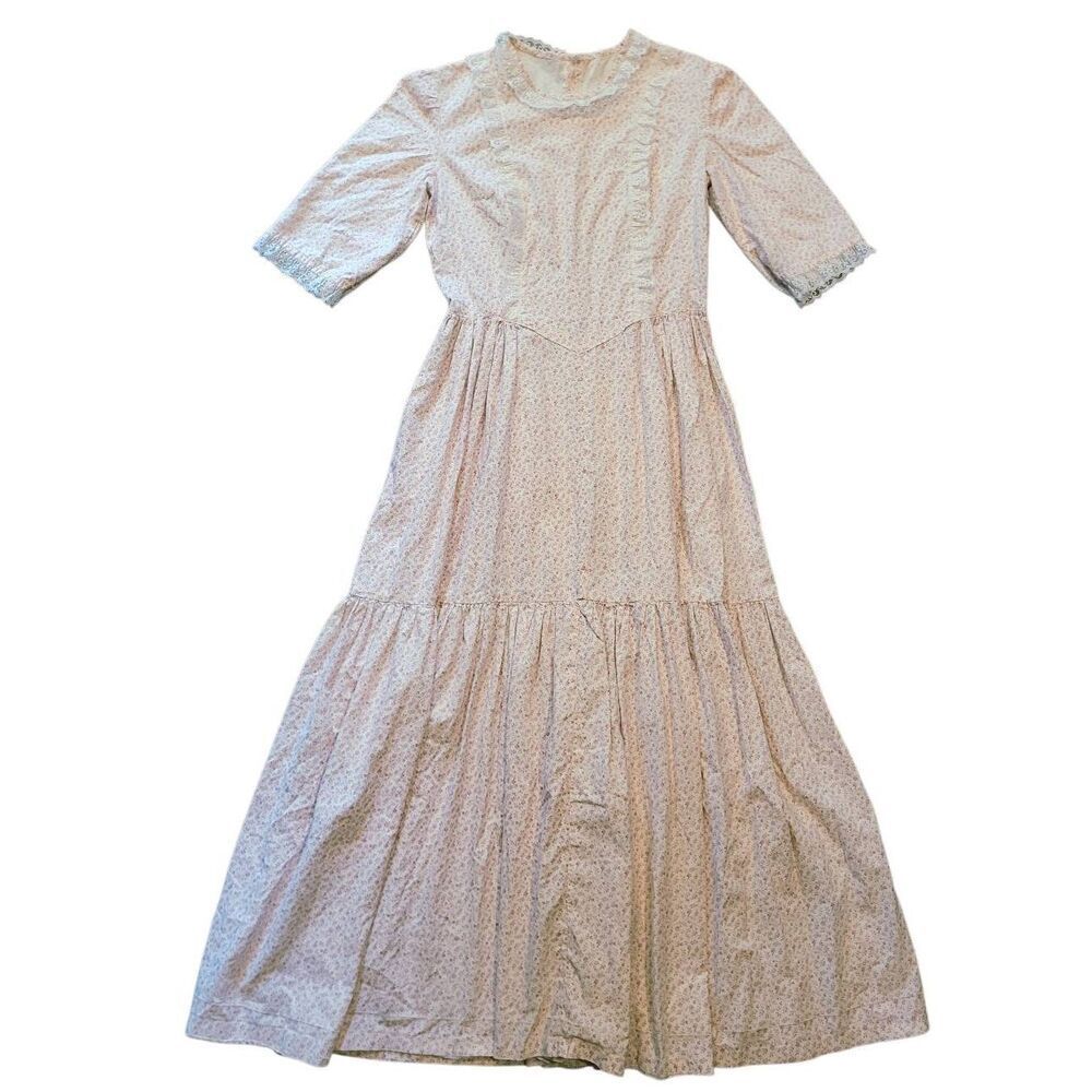 Vintage Prairie Dress Women's Small Pink Floral Print Lace Trim Long Cottage - Picture 4 of 12